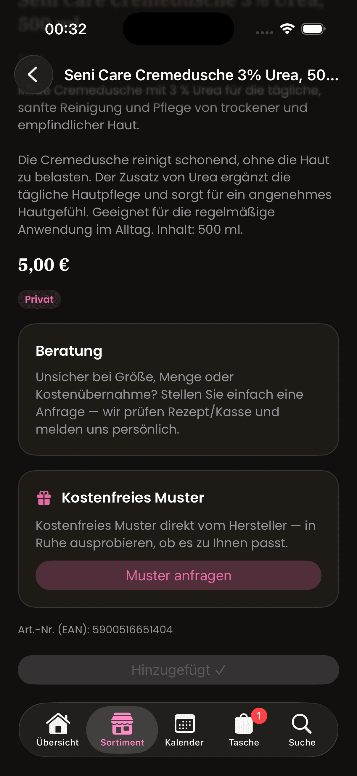 rima. — Sortiment und Shop (dunkel)