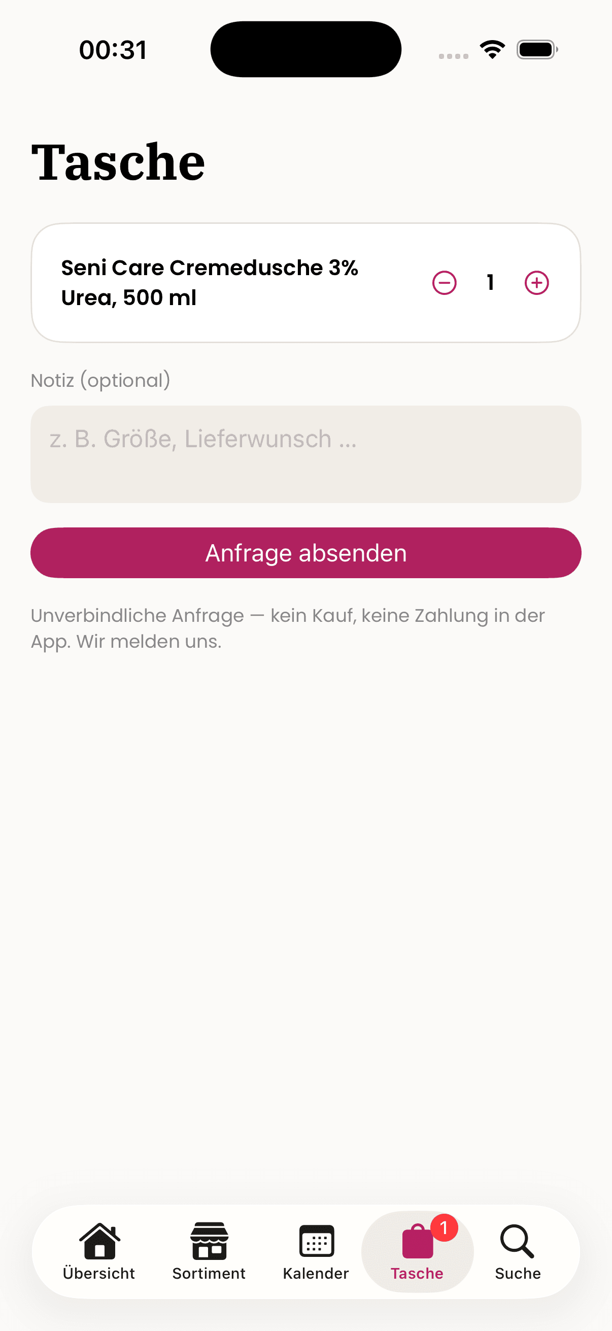 rima. — Tasche mit Artikel